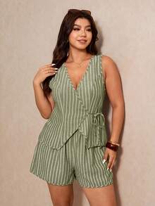 Elaquor Plus Size 2-Piece Set, V-Neck Sleeveless Sage Green Shirt, Elegant Boho Casual Office Vacation Outfit, Shorts Tie-Up Business Commuter Suit Summer - Green - View 5