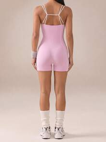 Eassivo 1pc Pink Contrast Seamed Back Strap Women's Sports Short Jumpsuit, Slim Fit, Ruched Hip Design, Suitable For Yoga Workout Summer - Pink - View 2