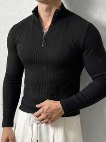 Coreblaze Men's Solid Color Long Sleeve Half-Zip Ribbed Sports T-Shirt - Multicolor - View 1