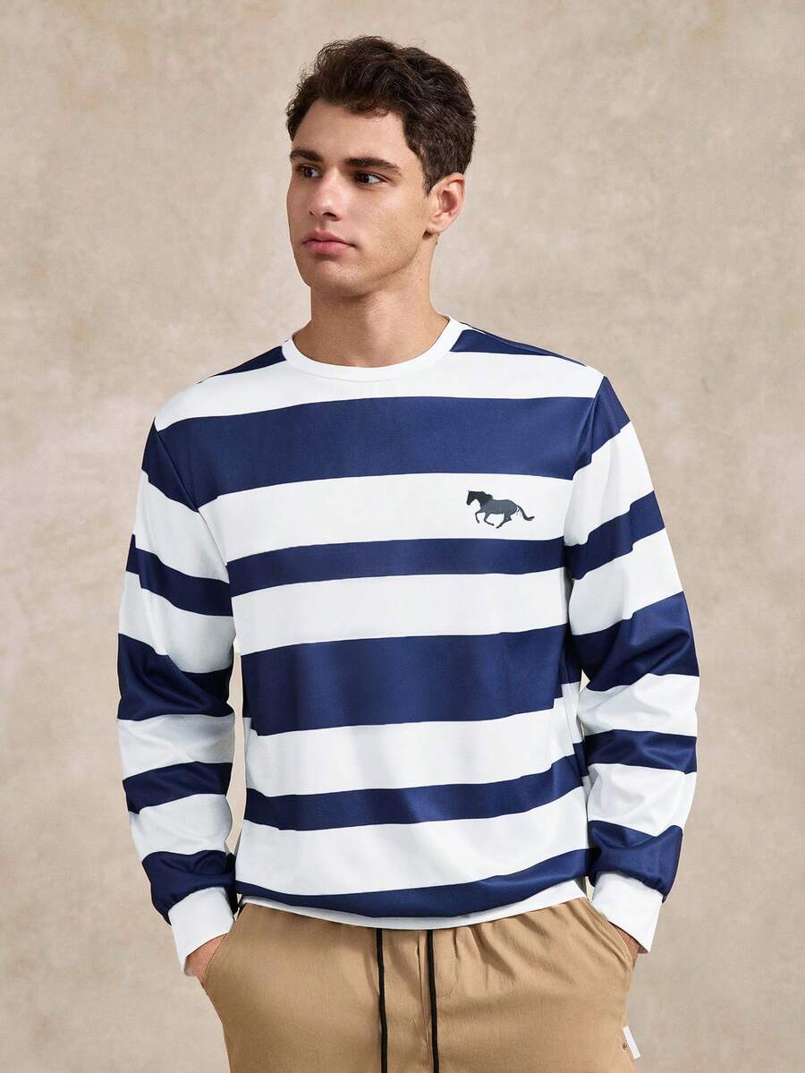 Men's Simple Blue And White Striped Pattern Pullover Sweatshirt, Suitable For Autumn/Winter Striped Long Sleeve - White - View 1
