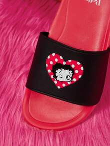 Betty Boop x SHEIN 女款夏季時尚卡通圖案拖鞋 - 紅黑色 - 查看 3