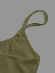 SHEIN BASICS 1件女款純色修身休閒細肩帶背心上衣 白色上衣 - 軍綠色 - 查看 7