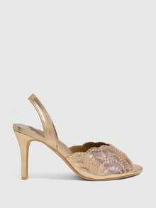 CUCCOO SZL Champagne Gold Rhinestone Stiletto Sandals Women, Open-Toed Back Strap Banquet Style High-Heeled Sandals - Champagne - View 2