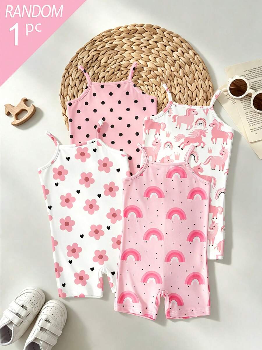 [4pcs Randomly Sent 1pc]Young Girl Comfortable Sweet Cute Printed Knit Camisole Jumpsuit - Multicolor - View 1