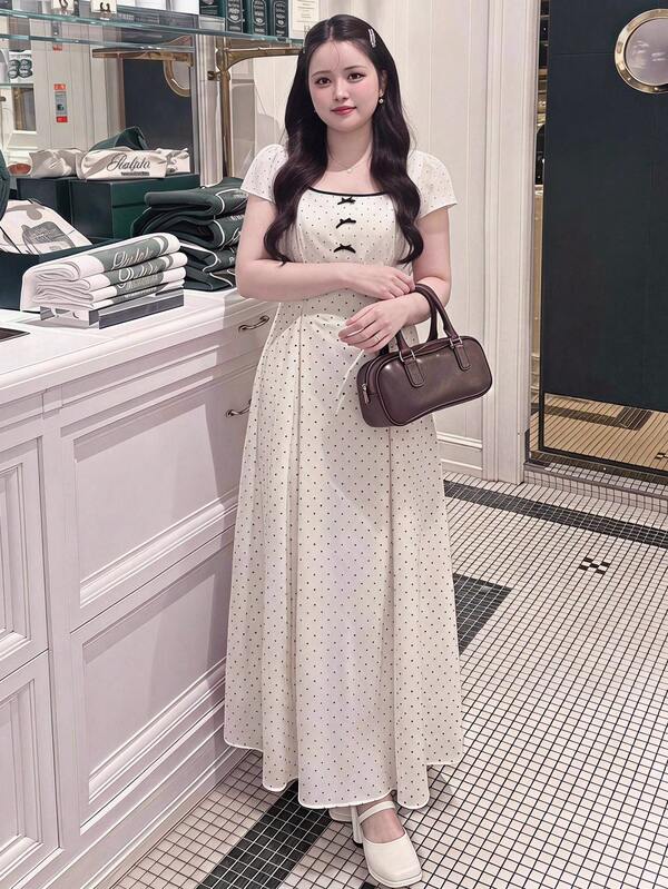 Bijouette Vestido de vacaciones para mujer de talla grande con lunares negros y blancos, tejido, manga corta, cuello cuadrado, elegante, romántico, casual, vintage, vestido de lunares para vacaciones