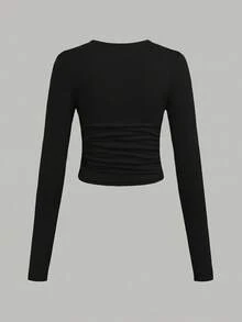 SHEIN Girlism 青少年女孩修身休閒針織純色圓領抓皺長袖T恤3件組 - 彩色 - 查看 3