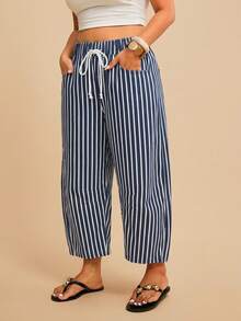 Comfortcana Plus Size Vacation Casual Striped Denim Jeans - Blue - View 4