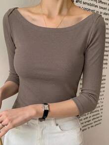 DAZY Women's Large Scoop Neck Fitted Short Sleeve Elegant T-Shirt Grey Spring Summer - Brown - View 1