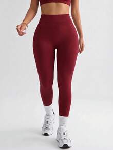 SHEIN Dewbera 大尺碼女款純色高腰瑜伽褲 - 酒紅色 - 查看 2