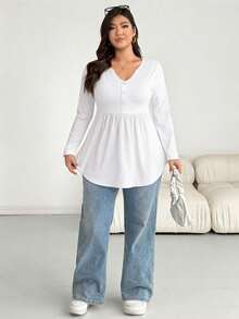 Shapeblank Plus Size Casual Versatile Solid Color Long Sleeve T-Shirt Fall - White - View 6
