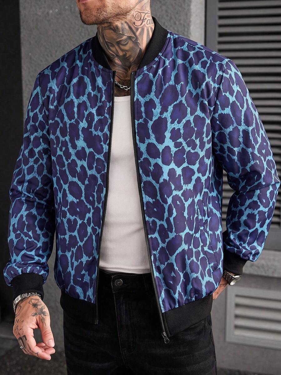 Manfinity CasualCool 男士豹紋棒球領拉鍊休閒日常長袖夾克 - 彩色 - 查看 1