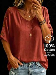 SHEIN LUNE CURVE 大尺碼夏季休閒純色蝙蝠袖上衣 - 鏽棕色 - 查看 3