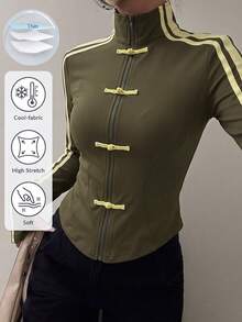Muchica Yellow Autumn New Women's Knit Sporty Style 90s Ribbon Button Design Sun Protection Thin Jacket Everyday Night Theme - Army Green - View 5