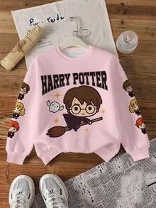 HARRY POTTER X SHEIN 少女秋冬卡通印花刷毛衛衣 - 白色 - 查看 8