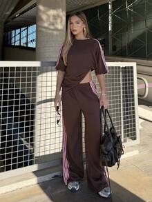 BiaLiraa Women's Summer New Vintage Brown Woven Strap Patchwork Casual Loose 2 Pieces Set Elegant - Brown - View 3