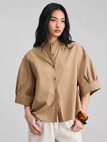 Ontre 女款沙灘度假穿著鄉村風鄉村音樂會 2026 春夏新款卡其色單排扣七分袖襯衫 修身設計休閒日常風商務休閒女裝 寬鬆版型百搭包容顯瘦 白色必備高品質面料四季皆宜夏季假期復活節 - 卡其色 - 查看 2