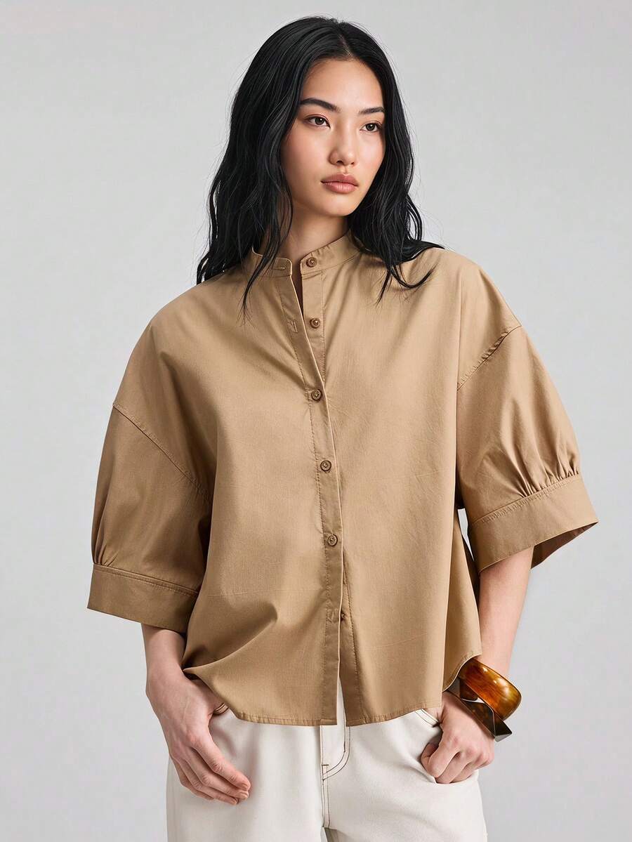 Ontre 女款沙灘度假穿著鄉村風鄉村音樂會 2026 春夏新款卡其色單排扣七分袖襯衫 修身設計休閒日常風商務休閒女裝 寬鬆版型百搭包容顯瘦 白色必備高品質面料四季皆宜夏季假期復活節