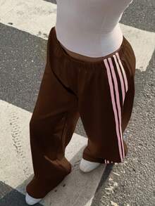Muchica Women's Casual Brown Cotton Blend Knitted Wide Leg Sweatpants - Brown - View 4