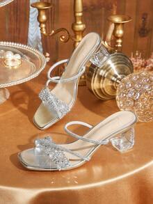 CUCCOO TILAWA Women's Fashion Crystal Glass Rhinestone Embellished High-Heeled Sandals Are Perfect For Outdoor Events And Parties - Silver - View 1