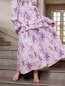 VOLUPTÉ CURVE Plus Size Women's Summer Lavender Print A-Line Maxi Skirt, Elegant Ruched Tiered Vacation Skirt High Tea - Beige - View 2