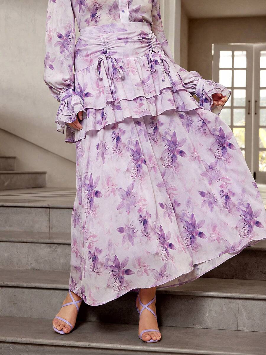 VOLUPTÉ CURVE Plus Size Women's Summer Lavender Print A-Line Maxi Skirt, Elegant Ruched Tiered Vacation Skirt High Tea