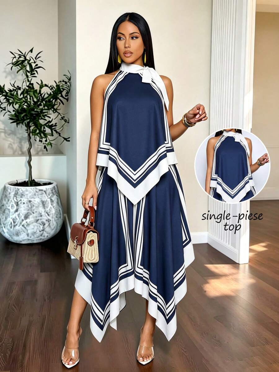SOLERSUN Women's Striped Asymmetrical Hem Casual Halter Neck Blouse
