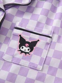 HELLO KITTY AND FRIENDS | SHEIN 女童格紋卡通印花短袖上衣與短褲休閒居家睡衣套裝 - 紫色 - 查看 5