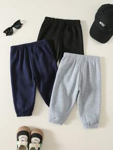 SHEIN 中性嬰兒男孩/女孩幼童 3件組秋冬加厚抓絨休閒百搭時尚運動風運動長褲套裝，運動褲，嬰兒冬季下身褲/長褲 - 黑色 - 查看 2