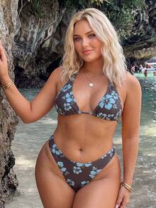 Swim Mod Plus Size Women Summer Beach Floral Print Halter Tie Sexy Bikini And Triangle Bottom Two-Piece Swimsuit Set - Multicolor - View 6