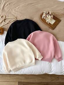 SHEIN LMoss Kids 女童 3件組 針織素色圓領寬鬆休閒秋季衛衣套裝 - 黑色 - 查看 2
