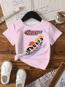 THE POWERPUFF GIRLS X SHEIN 女童字母卡通印花休閒日常短袖T恤 - 白色 - 查看 7