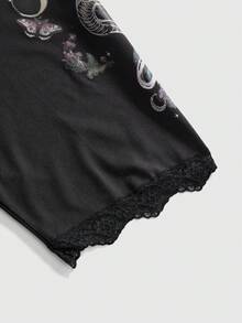 ROMWE Goth 復古深色蛇紋與花卉印花百搭大尺碼緊身褲 - 黑色 - 查看 6