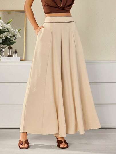 Selenza Apricot Linen High Waist Wide Leg Pants, Summer Design, Flared Slim Fit Elegant Commute Casual Pants With Pocket Design Loose Fit