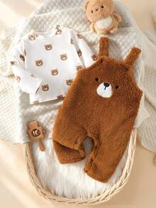Souflis Unisex Infant Bear Embroidered & Printed Plush Overalls With Bear Pattern Long Sleeve Top - Coffee Brown - View 6