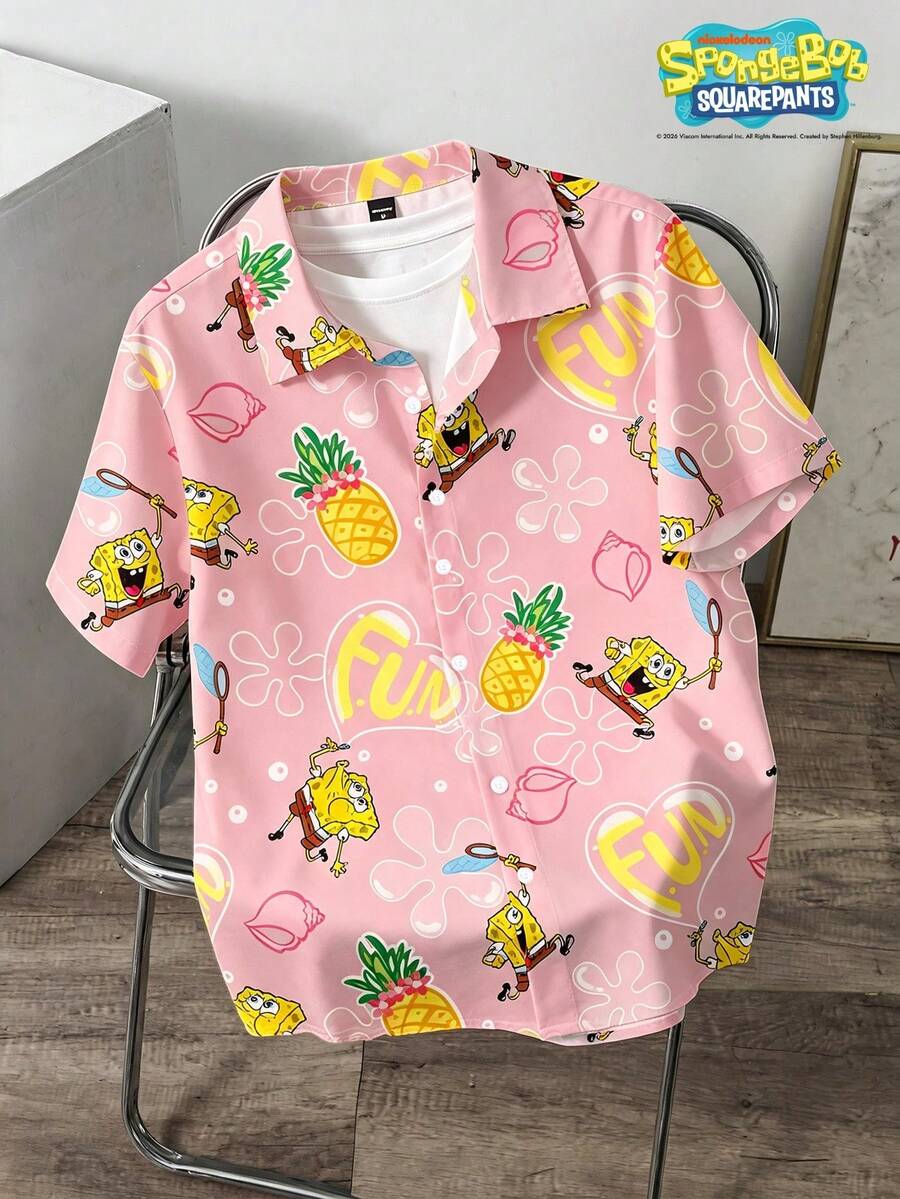 SpongeBob SquarePants | SHEIN Daypath 男士全印花單排扣休閒短袖襯衫,適合日常穿著 - 粉色 - 查看 1