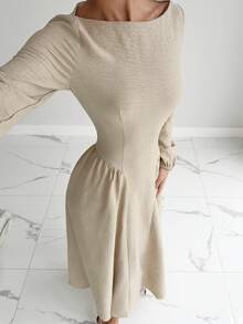 Siren Gaze Women's Elegant Beige Boat Neck Lantern Sleeve Pleated Maxi Dress,Autumn Long Sleeve Modest Fitted Waist Dress For Dinner Date,Business Casual Office - Apricot - View 4