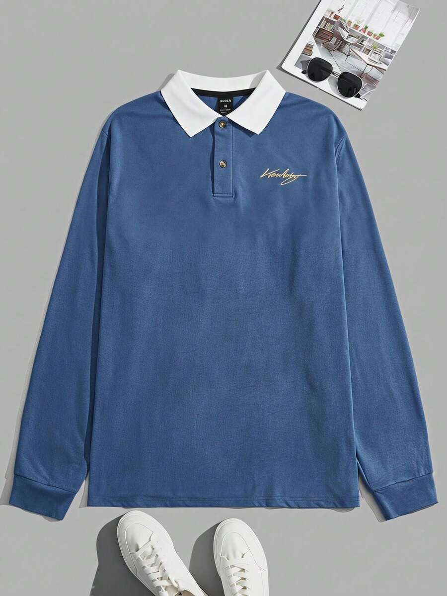 Mainfolk 男士字母印花撞色長袖休閒 Polo 衫 - 藍色 - 查看 1