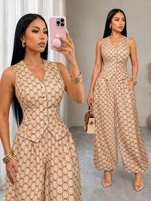 SOLERSUN Women's Old Money Aesthetic Geometric Print V-Neck Waistcoat & Lantern Pants With Pockets Suit - Khaki - View 5