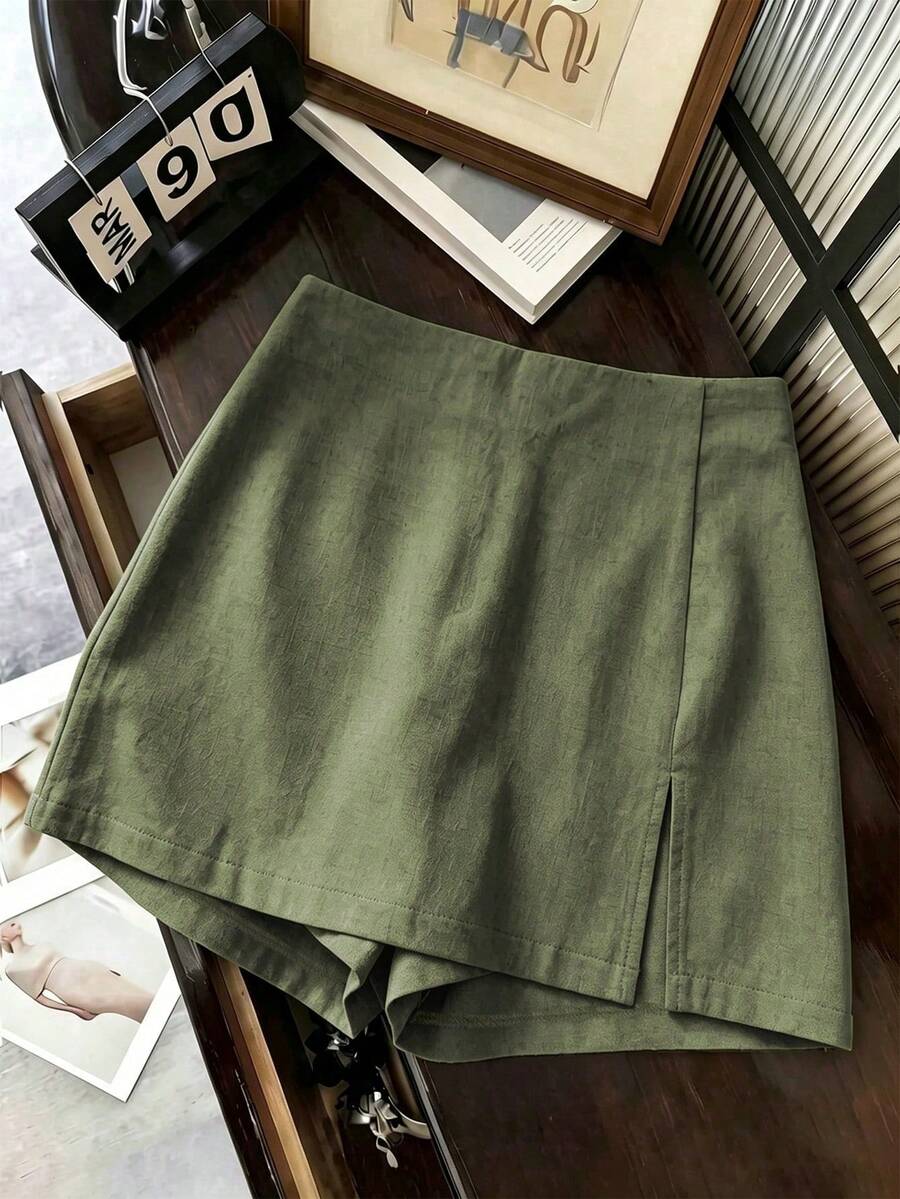 SHEIN Franclia Summer New Linen Casual Versatile Culottes - Army Green - View 1