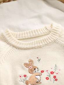 SHEIN Vintaside Kids 兔子刺繡兒童毛衣，奶油白女孩針織毛衣，花卉兔子嬰兒套頭毛衣，秋季 - 杏色 - 查看 6