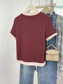 Resyla Women's Crew Neck Short-Sleeve T-Shirt With Color-Block Striped Print Casual Basic Style - Multicolor - View 2
