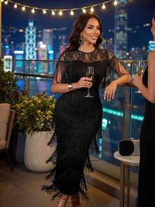 Auveirra 女款對比蕾絲圓領多層流蘇咆哮20年代流蘇洋裝 優雅黑色長版修身正式派對秋季流蘇套裝夏季 - 黑色 - 查看 3