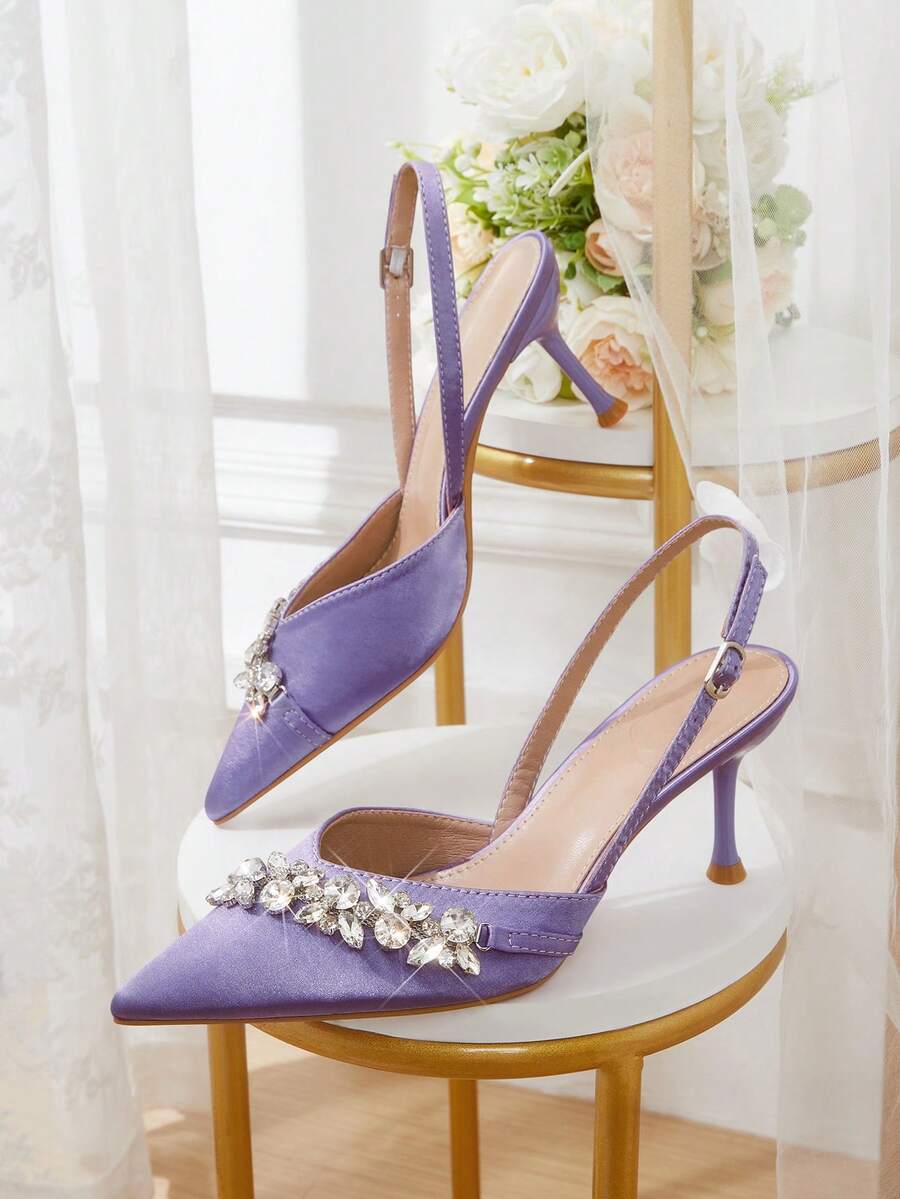 CUCCOO HITCHD Spring And Summer New Rhinestone Decoration Pointed Toe Thin Heel High Heel Elegant Gorgeous Style Wedding Bride Wedding Shoes Dating Dinner Party - Purple - View 1