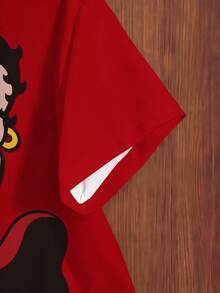 Betty Boop x SHEIN 女款卡通印花圓領短袖休閒T恤 - 白色 - 查看 3