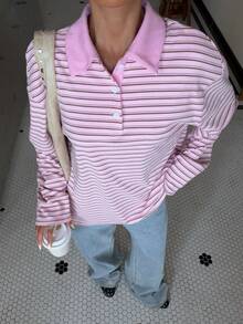Muchica Pink Striped Thick And Comfortable Knitted Women's Polo Collar Long-Sleeved T-Shirt, Casual Top, Perfect For Back-To-School Season. - Pink - View 6