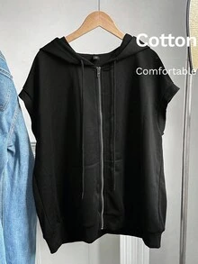 Comfortcana 大尺碼休閒夏季拉鍊抽繩連帽衛衣，秋冬款 - 黑色 - 查看 10