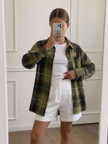 DAZY Tween Girls Loose Plaid Long Sleeve Casual Autumn Outerwear Lapel Collar Shirt - Army Green - View 4