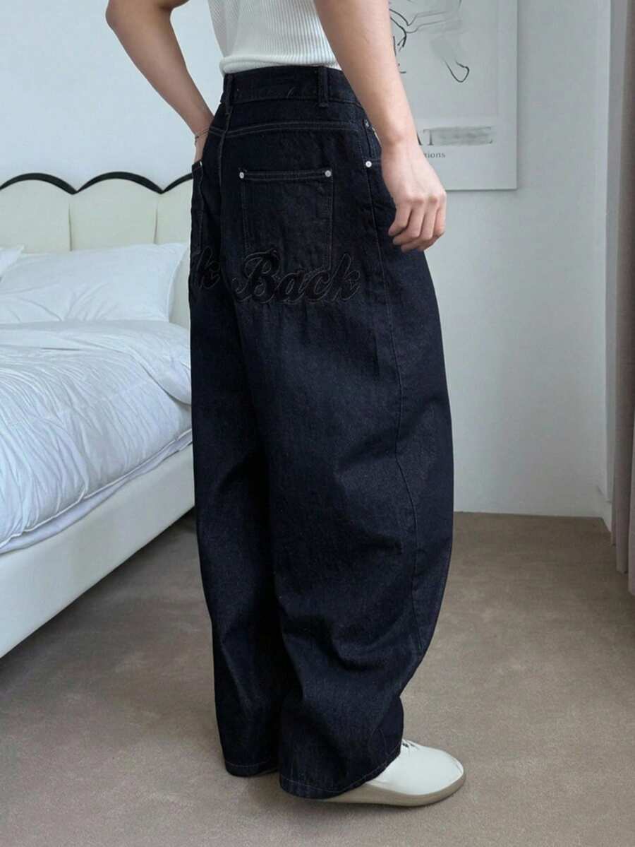 DAZY Spring/Autumn Long Navy Blue Raw Denim Loose Fit Men's Jeans With Back Letter Towel Embroidery - Navy Blue - View 1
