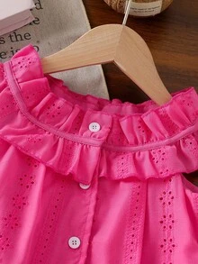 SHEIN Elladie kids 2件組女童休閒時尚荷葉邊蕾絲圓領無袖寬鬆刺繡花卉背心上衣 + 牛仔喇叭褲刺繡百搭套裝，適合度假旅行日常穿著，夏季款 - 玫紅色 - 查看 4