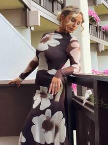Jeta Ari Gaun Pesta Lengan Panjang Bermotif Bunga Jala Hitam Model Pas Badan untuk Musim Gugur/Dingin Terbaru yang Elegan - Chocolate Brown - View 4